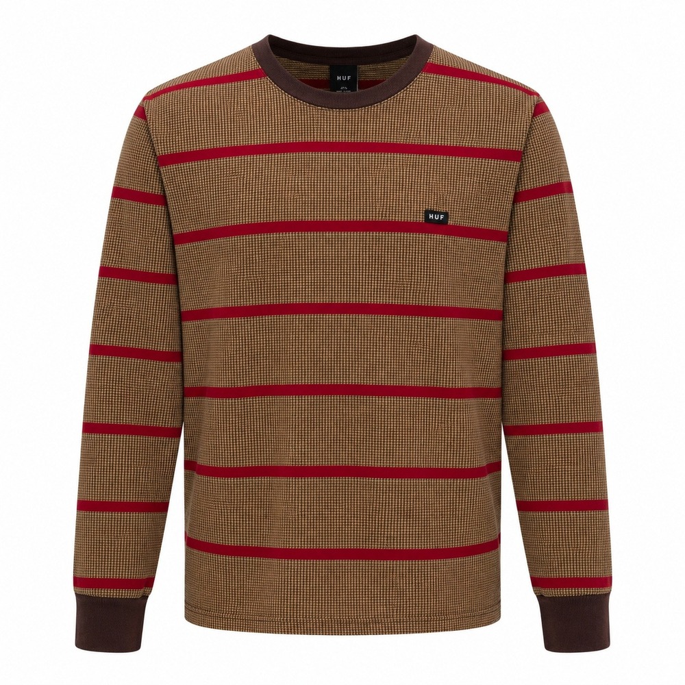 HUF Mens XXL Striped Houndstooth‎ Long Sleeve Knit Shirt Brown Red Cotton Tee